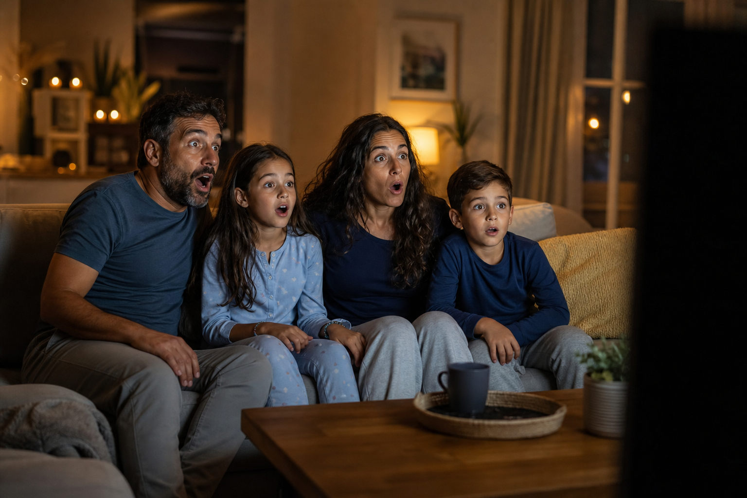 Familia viendo televisión con sorpresa